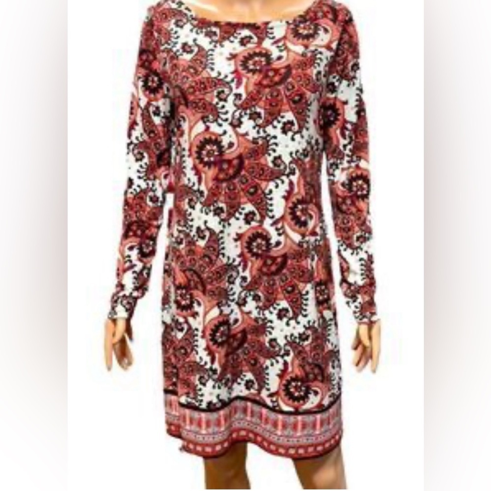 Michael Kors Red Paisley Long Sleeve Shift Dress Size Small